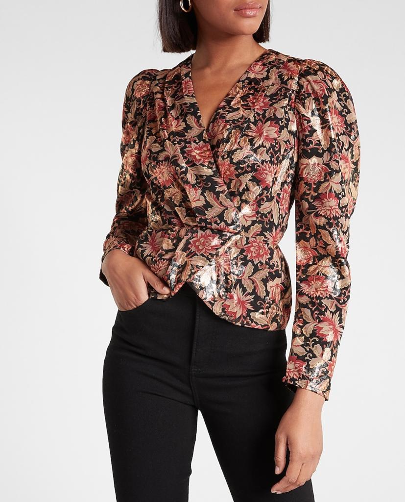 Metallic Printed Faux Wrap Front Peplum Top